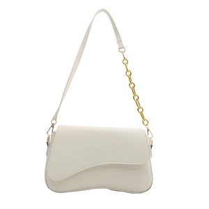 Minimalist white shoulder bag with wave curved flap and golden chain strap for women