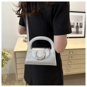 Detail of silver metallic crescent buckle and sleek semi-circular handle on handbag