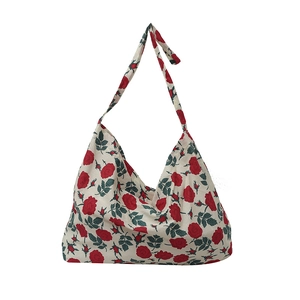 Large capacity floral tote bag with vintage red roses print on off-white fabric canvas
