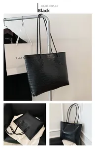 Detailed view of black crocodile pattern tote bag with large capacity and slim straps