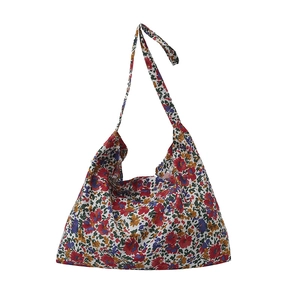 Floral print canvas tote bag with red and yellow roses, casual summer shoulder bag style