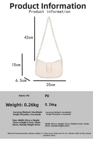 Detailed size specifications for the beige crescent bag with gold chain strap