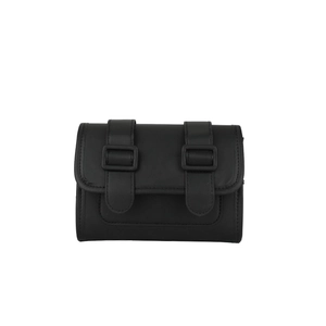 Matte black minimalist crossbody mini bag with retro buckle straps and flap cover