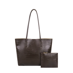 Dark brown crocodile embossed tote bag set with matching pouch and slim handles