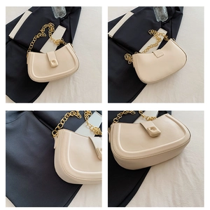 Multi-angle views of a beige half-moon shoulder bag with chunky gold chain and buckle