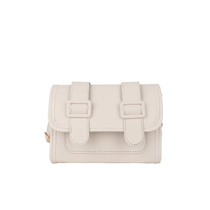 Minimalist cream white crossbody bag with rectangular flap and gold buckle straps