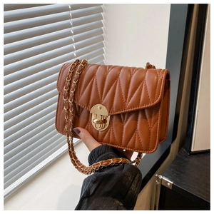 Detailed view of brown quilted chain bag with gold metal clasp and premium texture