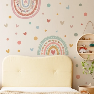 Boho rainbow wall decals with flowers and polka dots for kids bedroom decoration