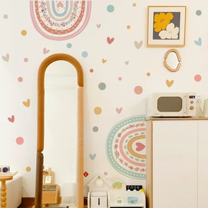 Boho rainbow and heart wall decals set in muted Morandi colors for nursery decor