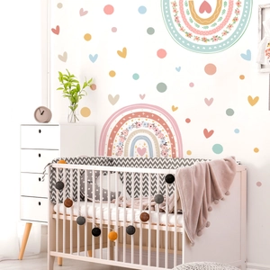 Boho style rainbow wall stickers with colorful hearts for nursery and kids room decor