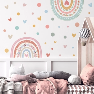 Morandi rainbow wall decals with hearts and dots for nursery and kids room decor