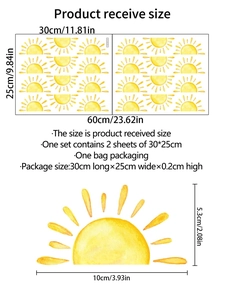 Detailed sheet showing watercolor sun wall decals with size dimensions in centimeters