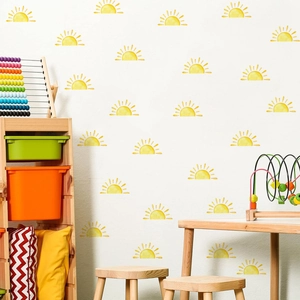 Minimalist sun wall decal set for kids room with watercolor sunshine and hand-drawn style