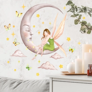 Luminous moon and fairy wall stickers set with butterflies for home nursery decor
