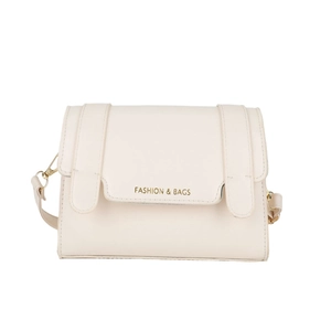 Fashionable cream square crossbody bag with gold FASHION & BAGS lettering and leather strap