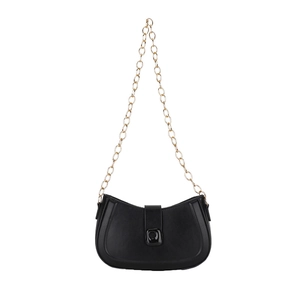 Minimalist black hobo shoulder bag with a sleek crescent shape and golden chain strap