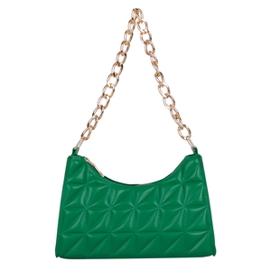 Green quilted shoulder bag with gold chain strap and textured diamond pattern detail