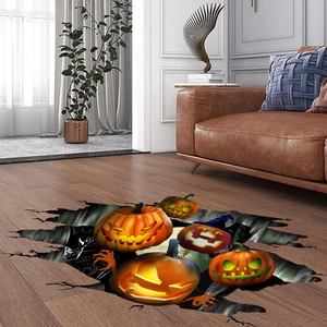 3D Halloween Pumpkin Floor Stickers Wall Decals Broken Hole Effect PVC Self-Adhesive Spooky Holiday Decor For Living Room