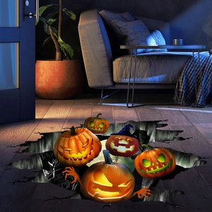 3D Halloween floor decal featuring glowing pumpkins emerging from a cracked wood floor