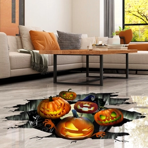 3D Halloween floor decal featuring glowing pumpkins emerging from a cracked floor surface