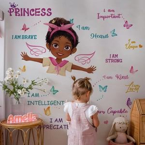 Inspirational cartoon black girl wall decals with butterflies for kids room decor