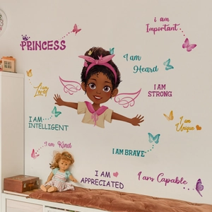 Cartoon inspirational black girl wall decals with colorful butterflies and motivational text