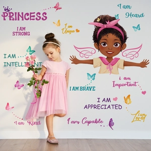 Cartoon wall stickers featuring an African girl with pink bow and motivational phrases