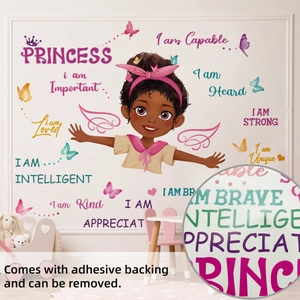 Detailed view of removable adhesive wall sticker with cartoon girl and inspiring quotes