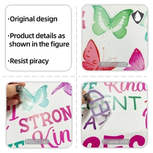 Macro detail of waterproof cartoon girl stickers with colorful butterflies and kind words