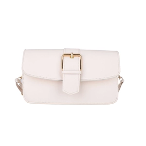 Classic beige square crossbody bag with stylish gold metal buckle and leather strap