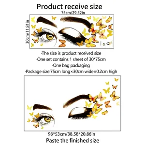 Size guide for woman eye and butterfly wall sticker with dimensions 75x30cm and 98x53cm
