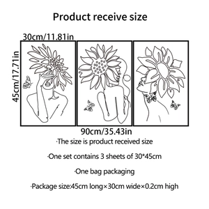 Minimalist wall stickers set featuring abstract female silhouette, sunflower and butterfly