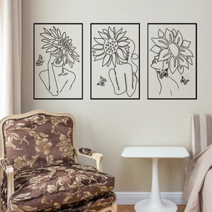 Three-piece minimalist line art wall decals featuring female silhouettes and sunflowers