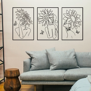 Three-piece minimalist line art wall decals featuring female silhouettes and sunflowers