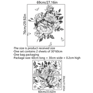 Peony floral wall decals set in black and white line art style for home decor