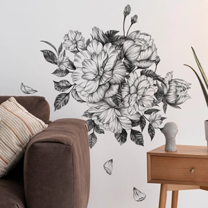 Self-adhesive black and white peony floral wall sticker for modern living room decor