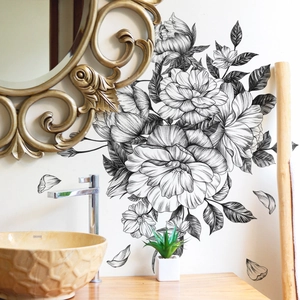 Artistic black hand-drawn flower wall stickers on minimalist bathroom background wall