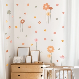 Bohemian daisy flower wall stickers in Morandi colors for nursery and kids room decor