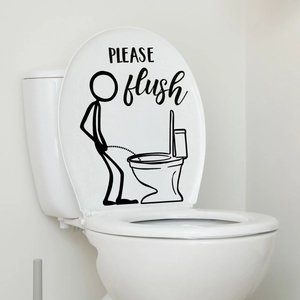 Detail of PLEASE flush wall sticker with creative stick figure design on a white toilet lid