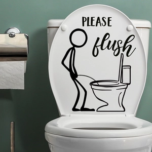 Detail of funny stick figure sticker with PLEASE flush text on a white toilet lid
