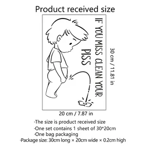 Detailed size specifications for the funny peeing boy toilet sticker showing 20x30cm dimensions