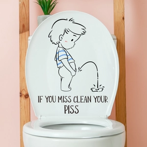 Funny cartoon boy toilet sticker with IF YOU MISS CLEAN YOUR PISS warning text