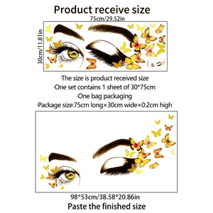 Minimalist wall decal featuring artistic eye lashes and yellow butterflies home decor