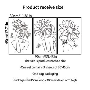 Three-piece minimalist sunflower woman silhouette wall sticker set, 90x45cm total size