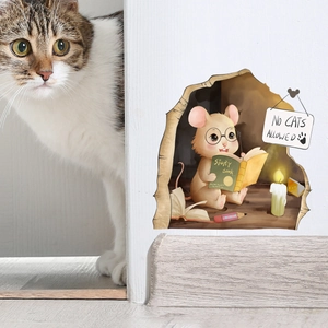 3D cartoon mouse hole wall sticker with reading mouse and cat interaction scene