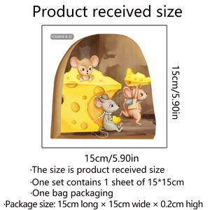 Detail showing 15x15cm cartoon mouse hole wall sticker dimensions and PVC material details