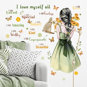 Wall Decals Sunflower Girl Back View Butterfly Inspirational Quote PVC Waterproof Self Adhesive Home Decor Living Room