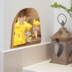 Luminous 3D cartoon mouse hole wall stickers with cute mice and cheese for home decor