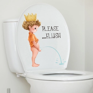 Close-up of waterproof cartoon boy toilet sticker with PLEASE FLUSH text on white lid
