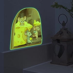 Luminous cartoon mouse hole wall sticker with 3D cheese theme for home night decoration